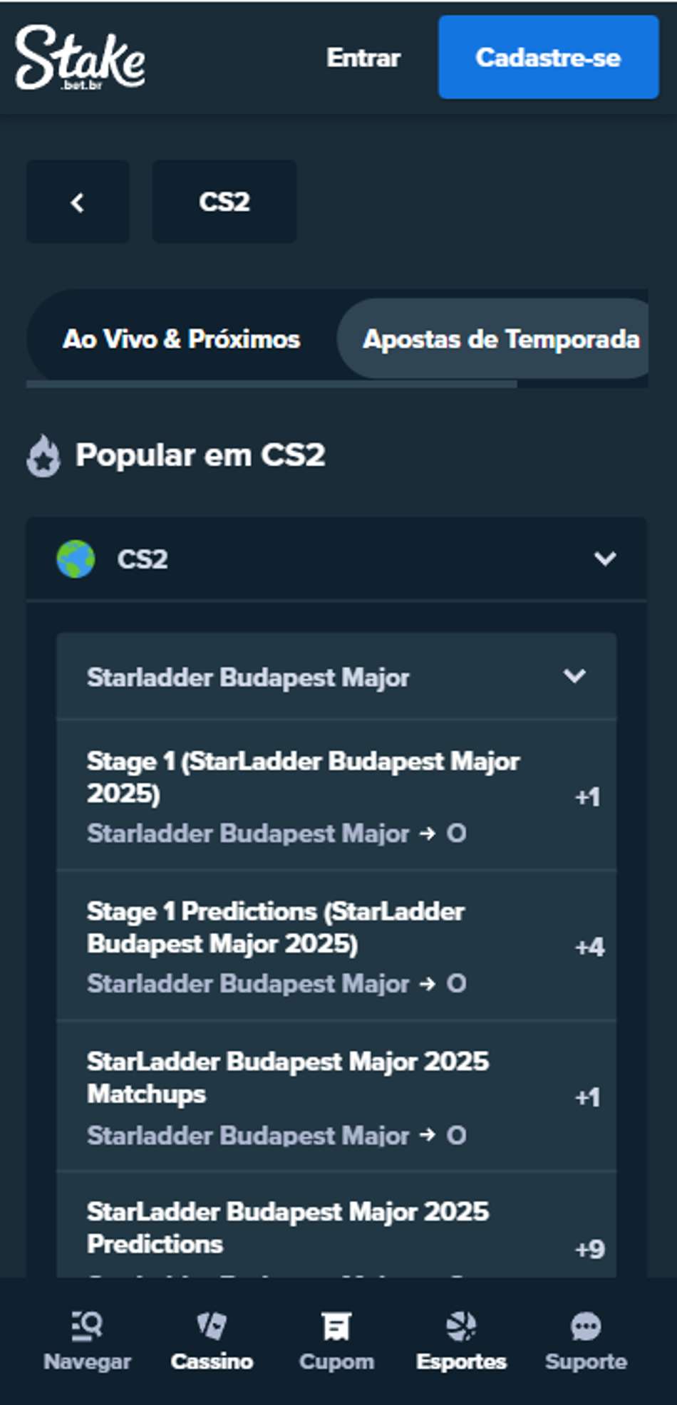 Mercados de apostas de temporada no Blast Major de Budapeste na Stake