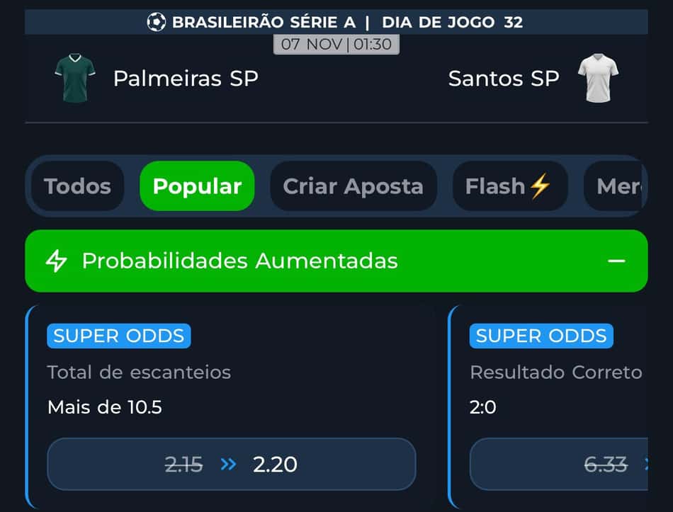 Captura de tela mostra promoção de Super Odds, que podem ser úteis para fazer gestão de banca.
