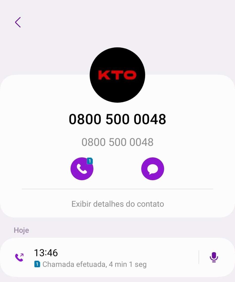 Ligação de atendimento KTO via telefone 0800