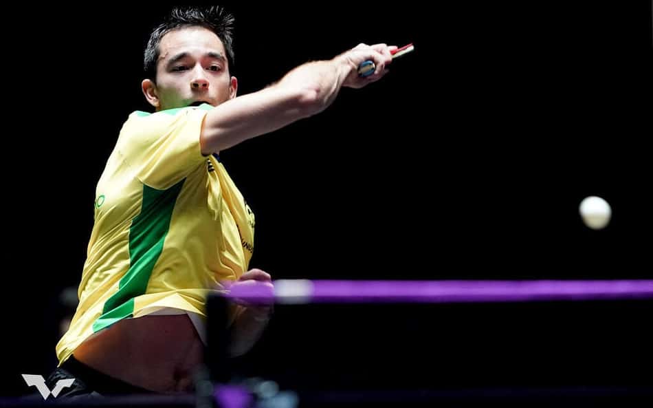 Hugo Calderano na vitória na estreia do WTT de Macau (Divulgação/WTT)