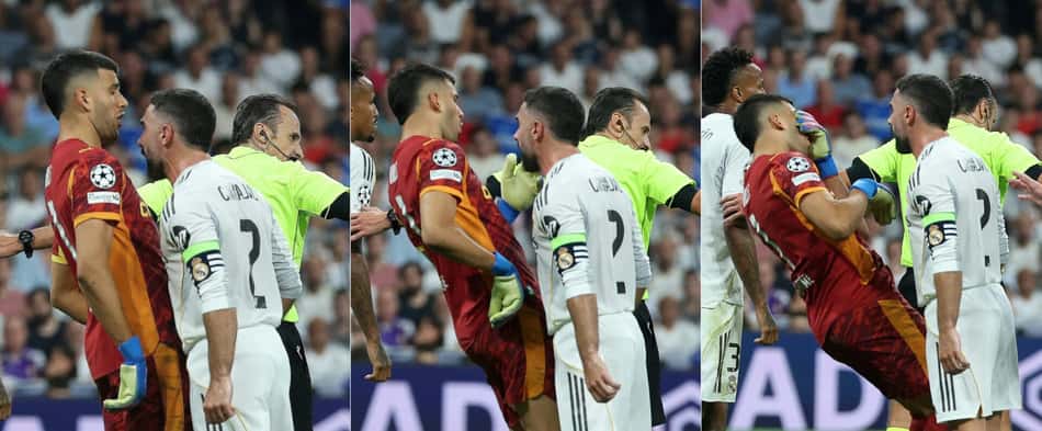 Dani Carvajal, do Real Madrid, dá cabeçada em Gerônimo Rulli em partida da Champions League (Foto: Thomas COEX / AFP)