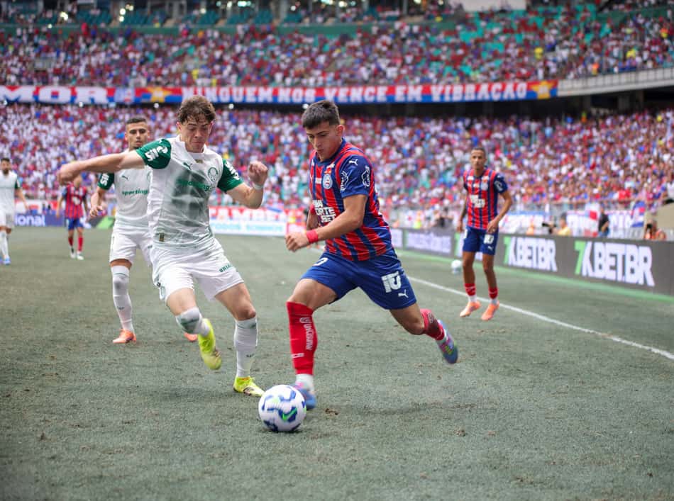 Sanabria disputa jogada com Giay em Bahia x Palmeiras (Foto: Marcio Jose/AGIF)