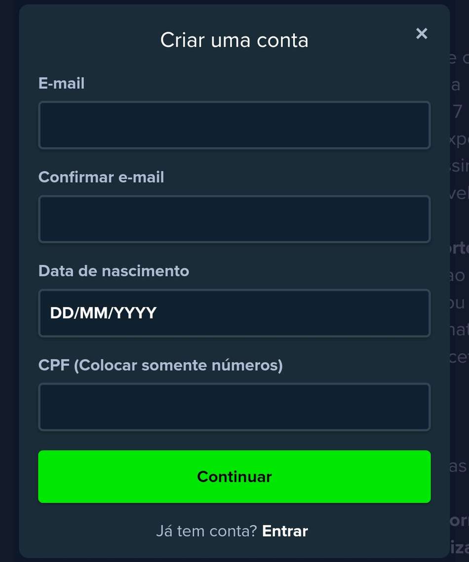 Captura de tela da página de cadastro da Stake para iniciantes.