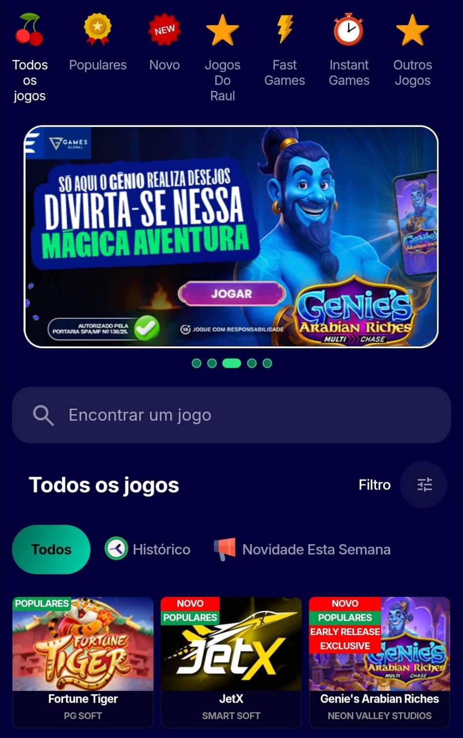 Captura de tela da seção de jogos de cassino no aplicativo Esportes da Sorte.