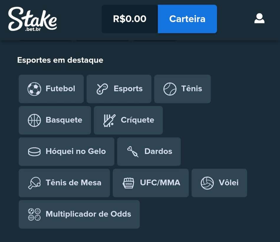 Captura de tela do site mobile da Stake com esportes em destaque.