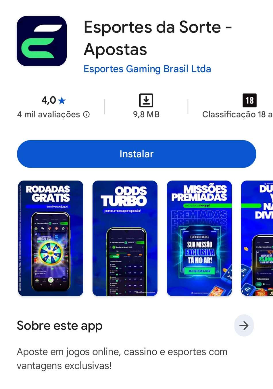Captura de tela do Esporte da Sorte app para Android na Play Store.