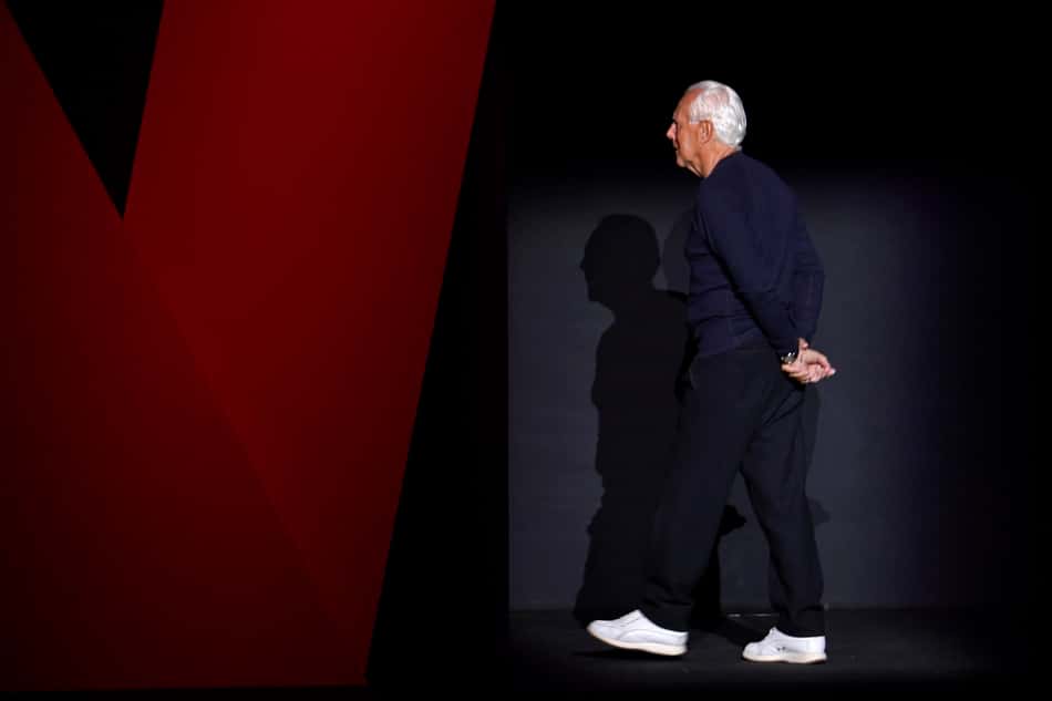 Giorgio Armani em desfile de moda em Milão, em 2018