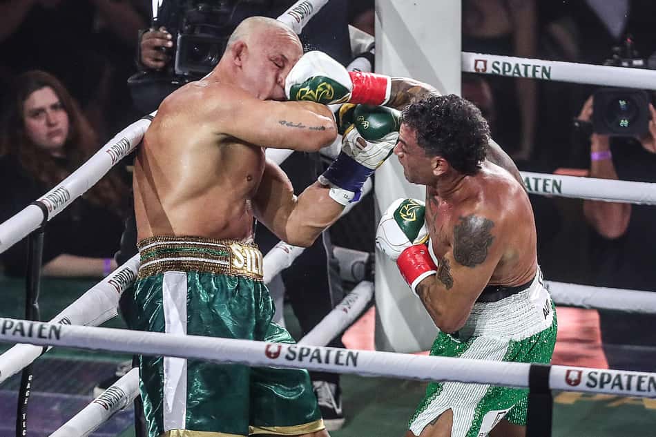 Popó Freitas e Wanderlei Silva em luta no Spaten Fight Night 2 (Foto: Gaspar Nóbrega/Inovafoto - IG:@gasparnobrega)
