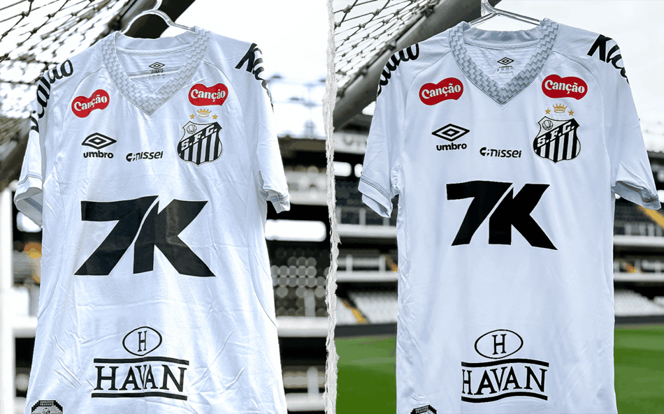Santos altera logotipo de patrocinadora máster no uniforme; Compare o antes e o depois. (Foto: Divulgação/ Santos FC)