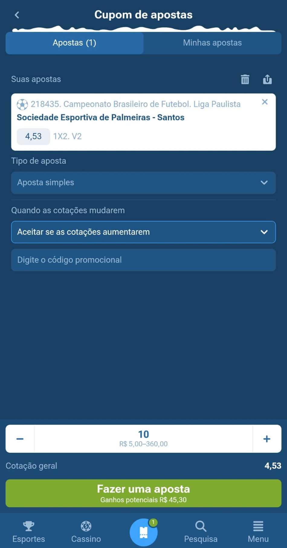 Captura de tela de uma aposta esportiva na 1xBet