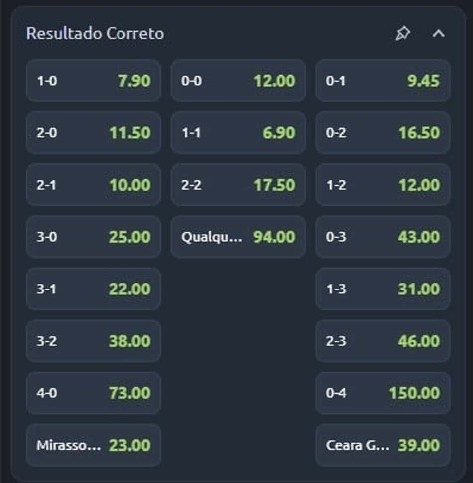 Captura de tela com palpites de resultado correto do Futebol Virtual Betano.