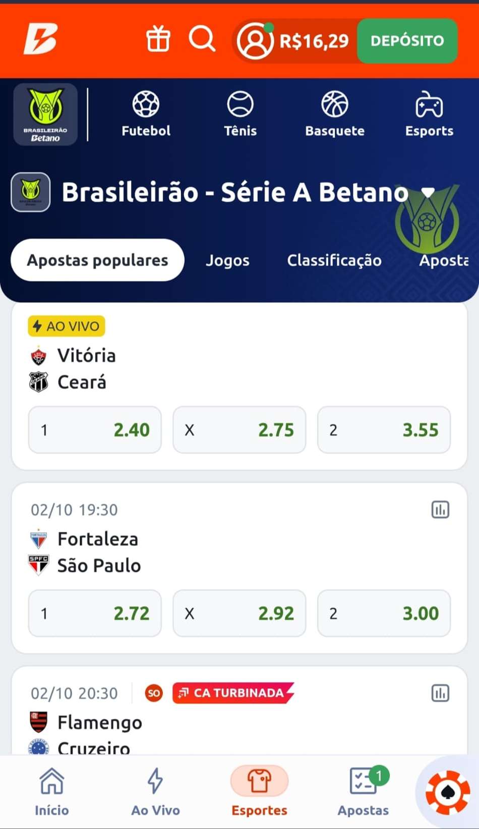 Captura de tela da página do Brasileirão na Betano apostas
