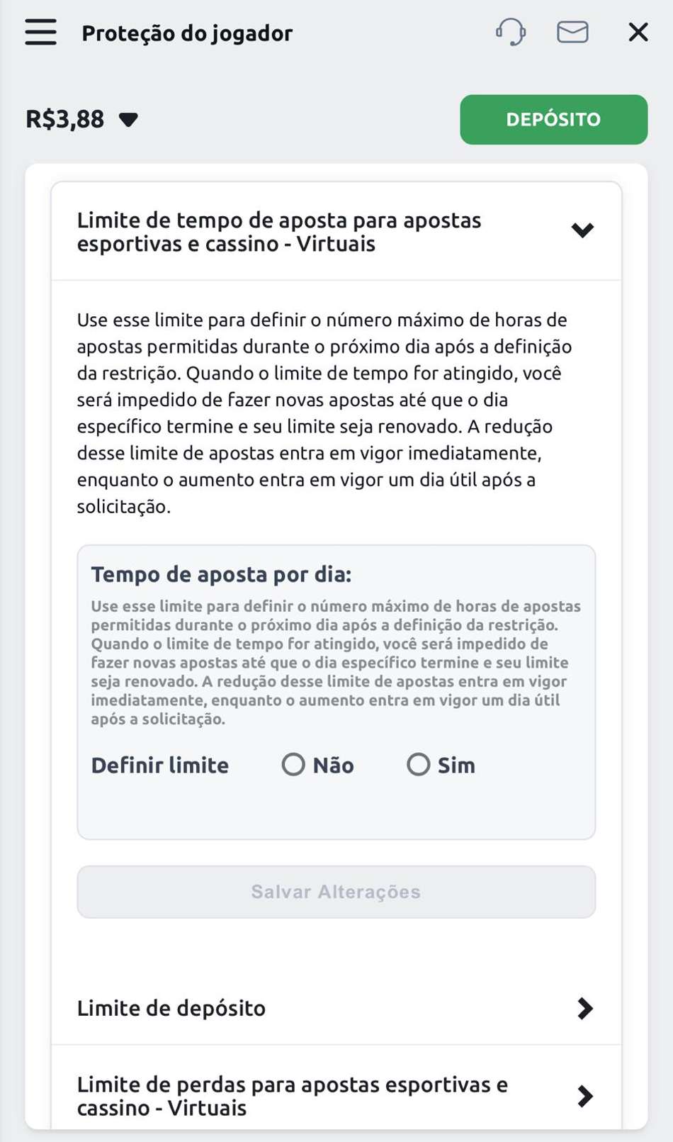 Captura da tela de proteção do jogador da Betano, que permite a limitação de apostas.