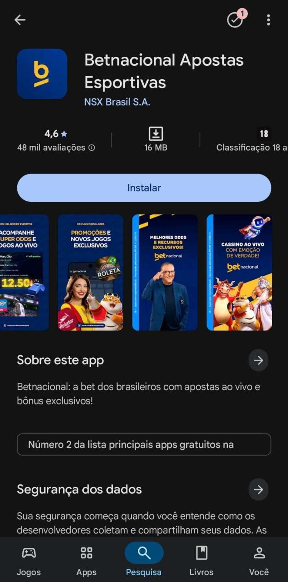 Aplicativo da Betnacional para download na Play Store.