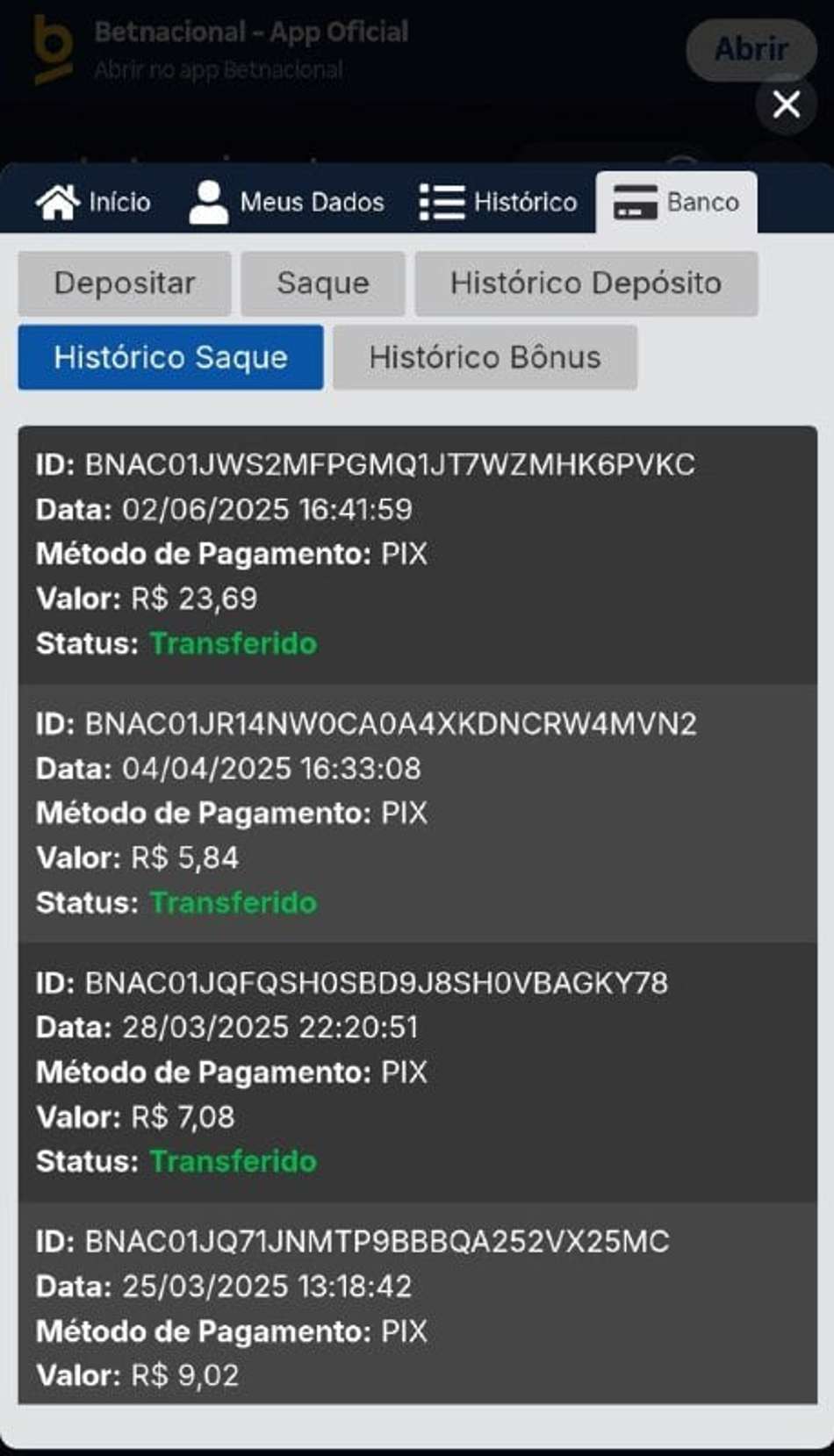 Histórico de saques na Betnacional com valores variados.