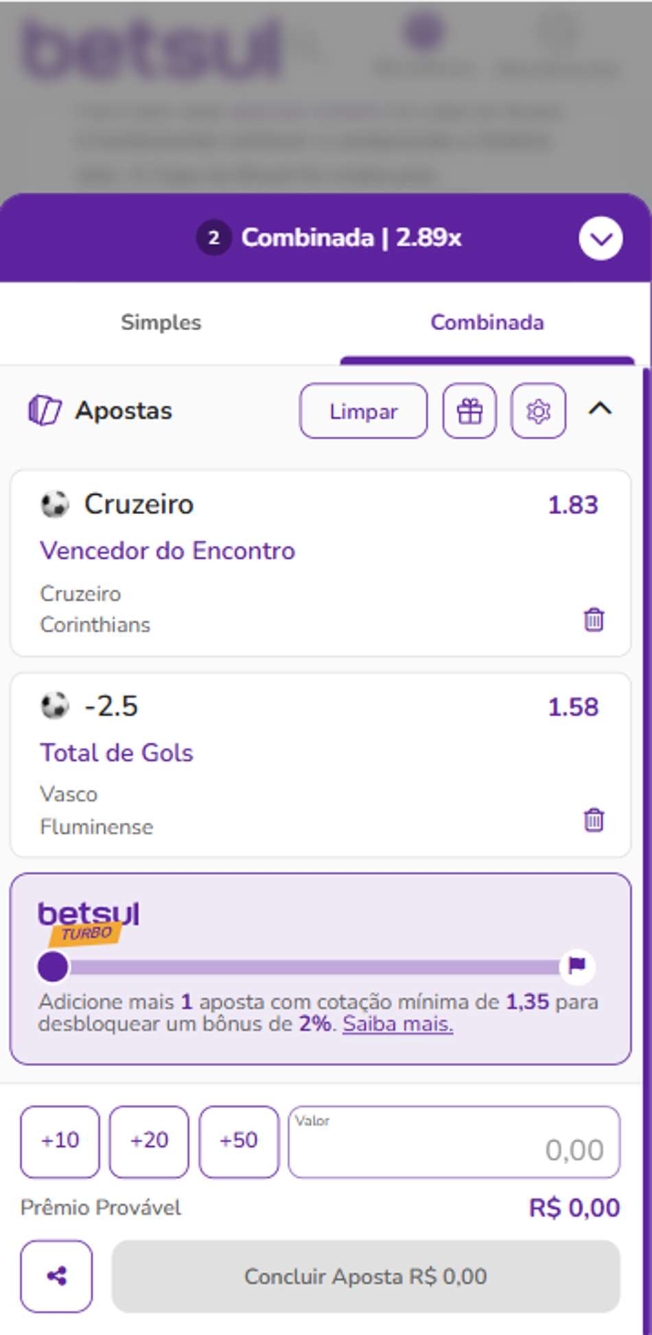 Bilhete de apostas na Betsul com cotações múltiplas