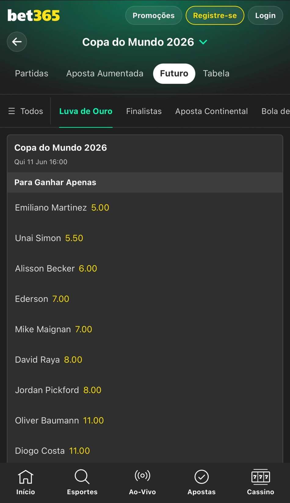 Captura de tela de apostas no Luva de Ouro da Copa na bet365.
