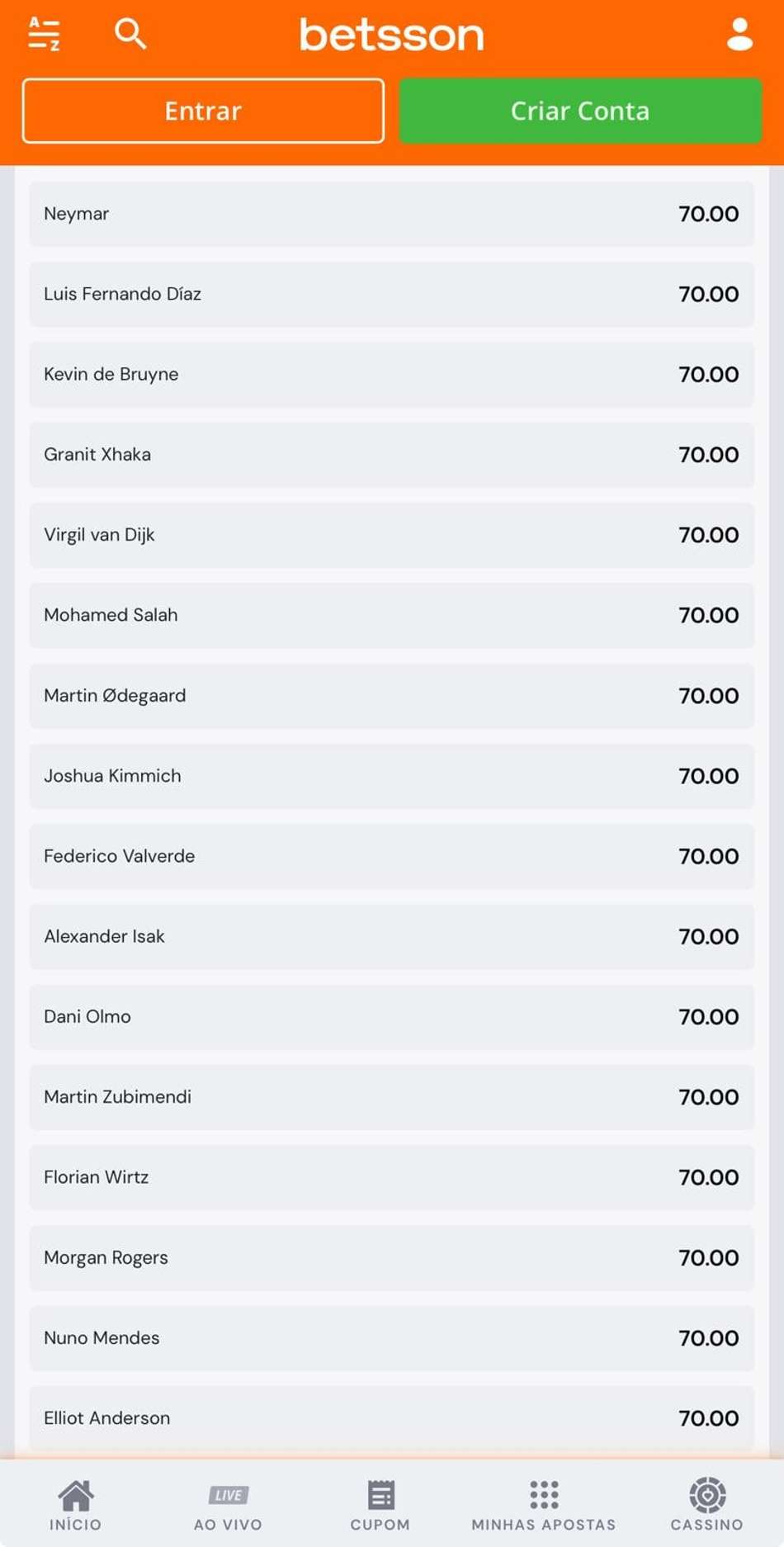 Captura da tela de apostas na Bola de Ouro na Copa do Mundo 2026 na Betsson.