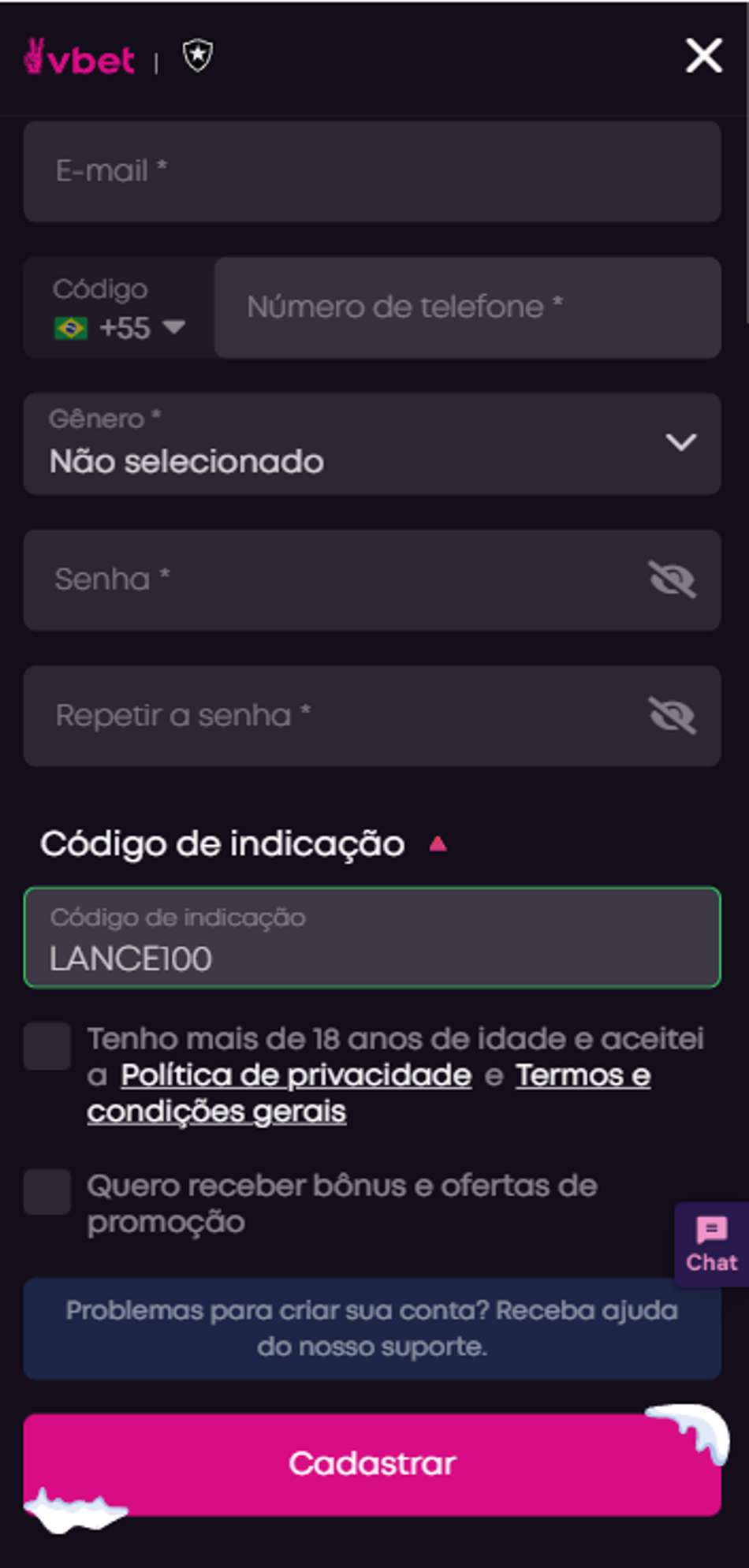 Tela de cadastro da VBet com campo de código de indicação LANCE100
