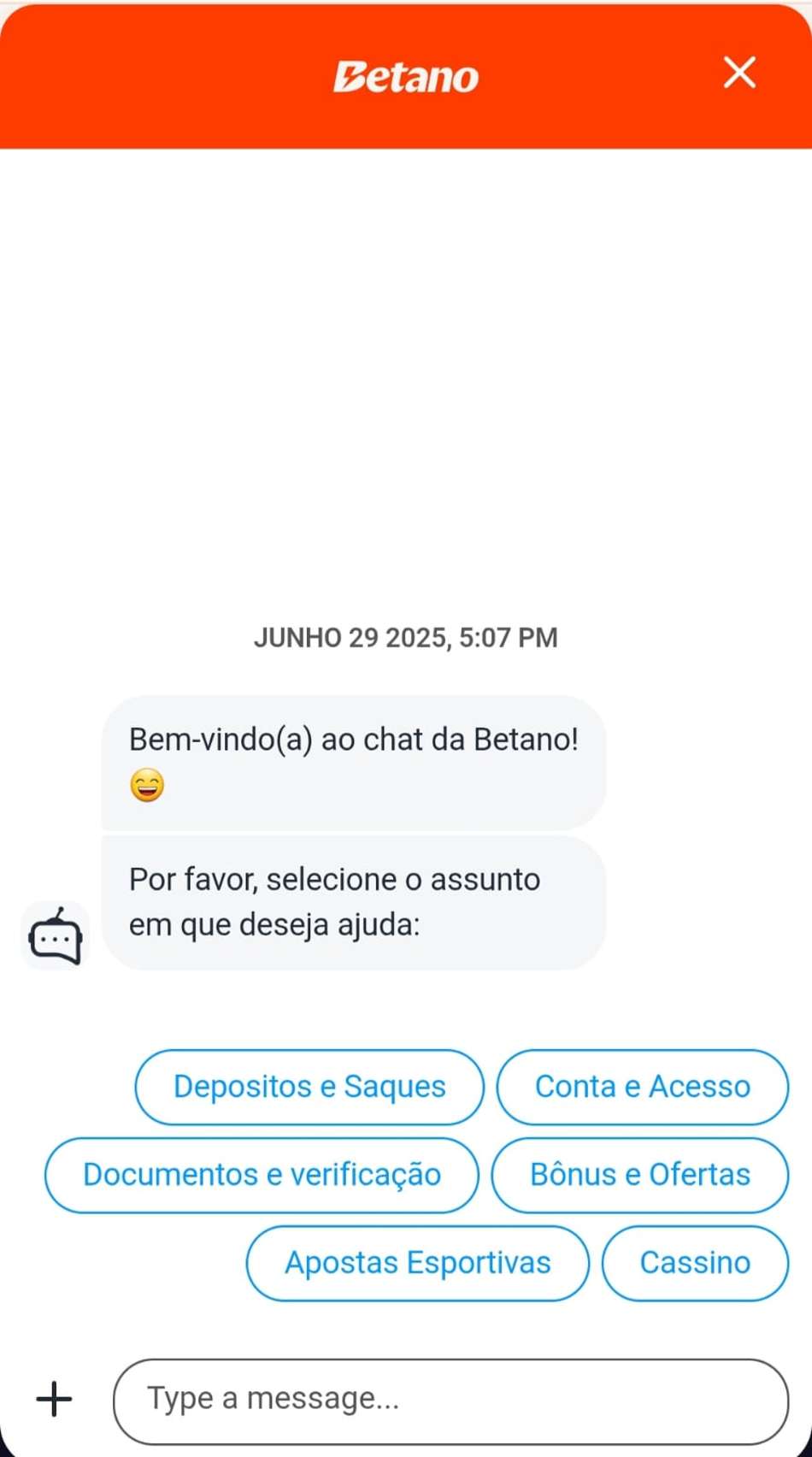 Captura de tela do chat ao vivo da Betano apostas