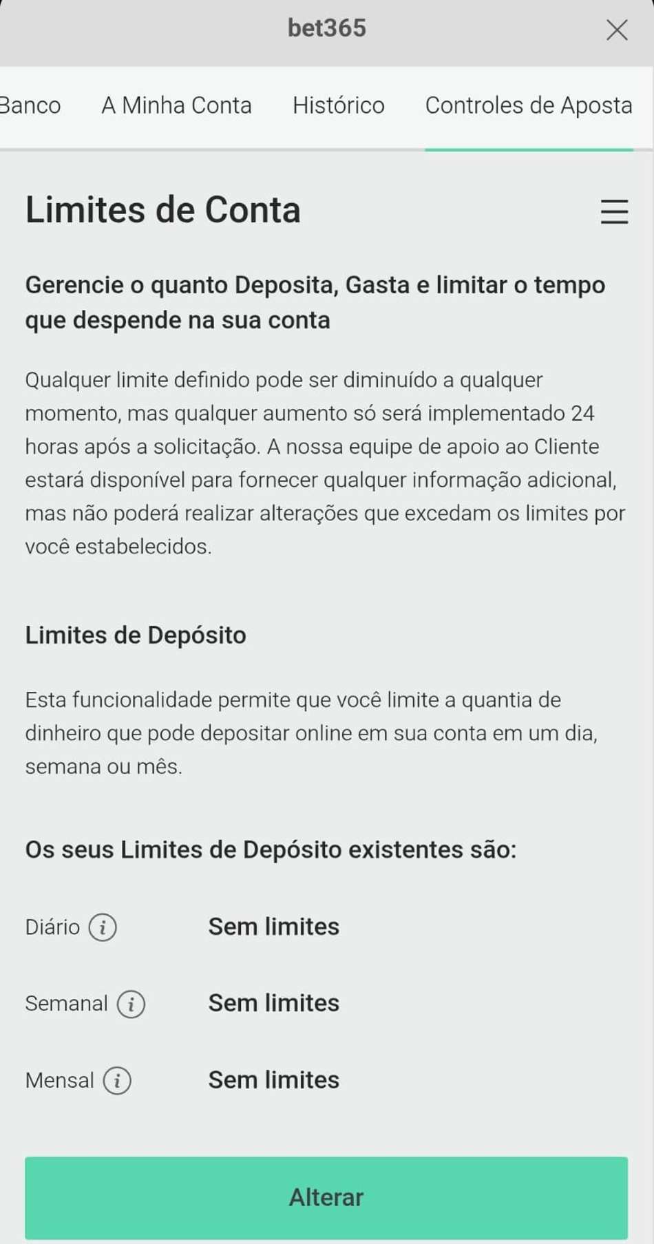  Captura de tela da página de controles de aposta da bet365 com ferramentas do jogo responsável.