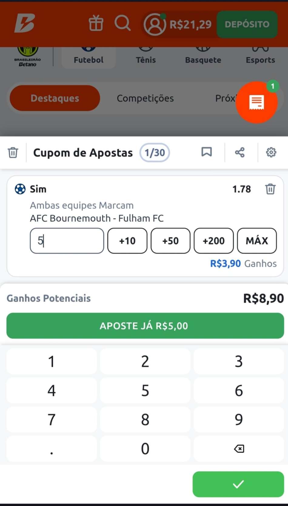 Captura de tela do cupom de apostas na Betano
