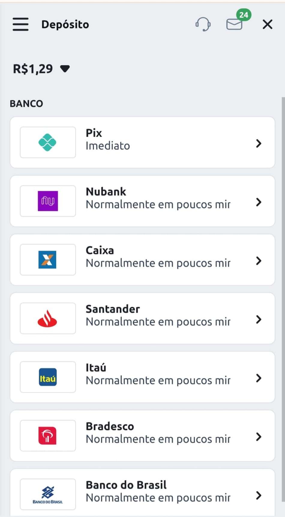 Captura de tela dos métodos de pagamento na Betano apostas