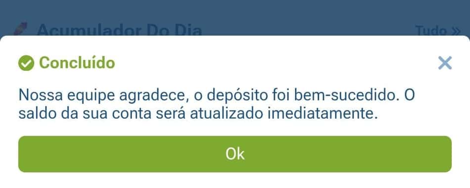 Captura de tela do depósito concluído via Pix na 1xBe