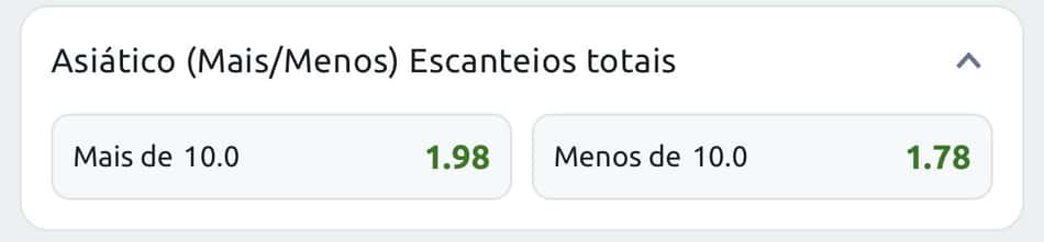 Captura de tela mostra o mercado de escanteio asiático na Betano.