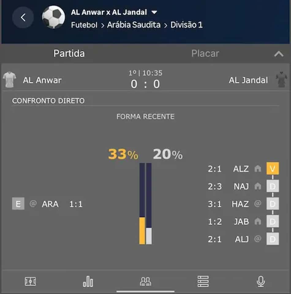 Captura de tela da central de estatísticas no app Betnacional
