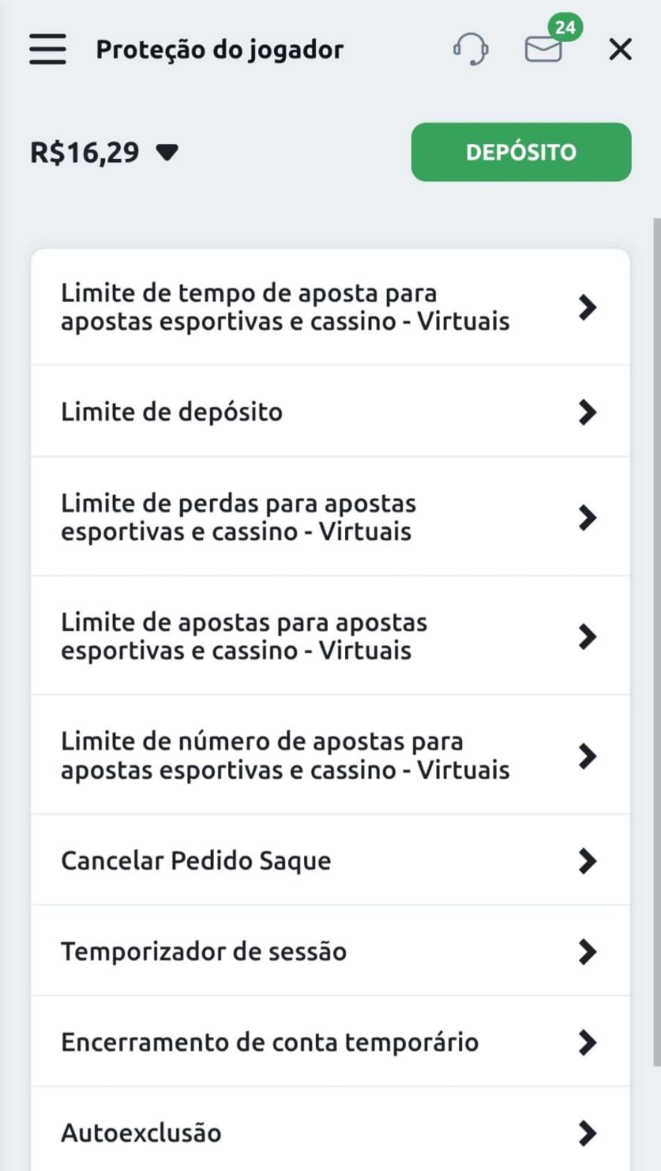 Captura de tela das ferramentas de jogo responsável da Betano