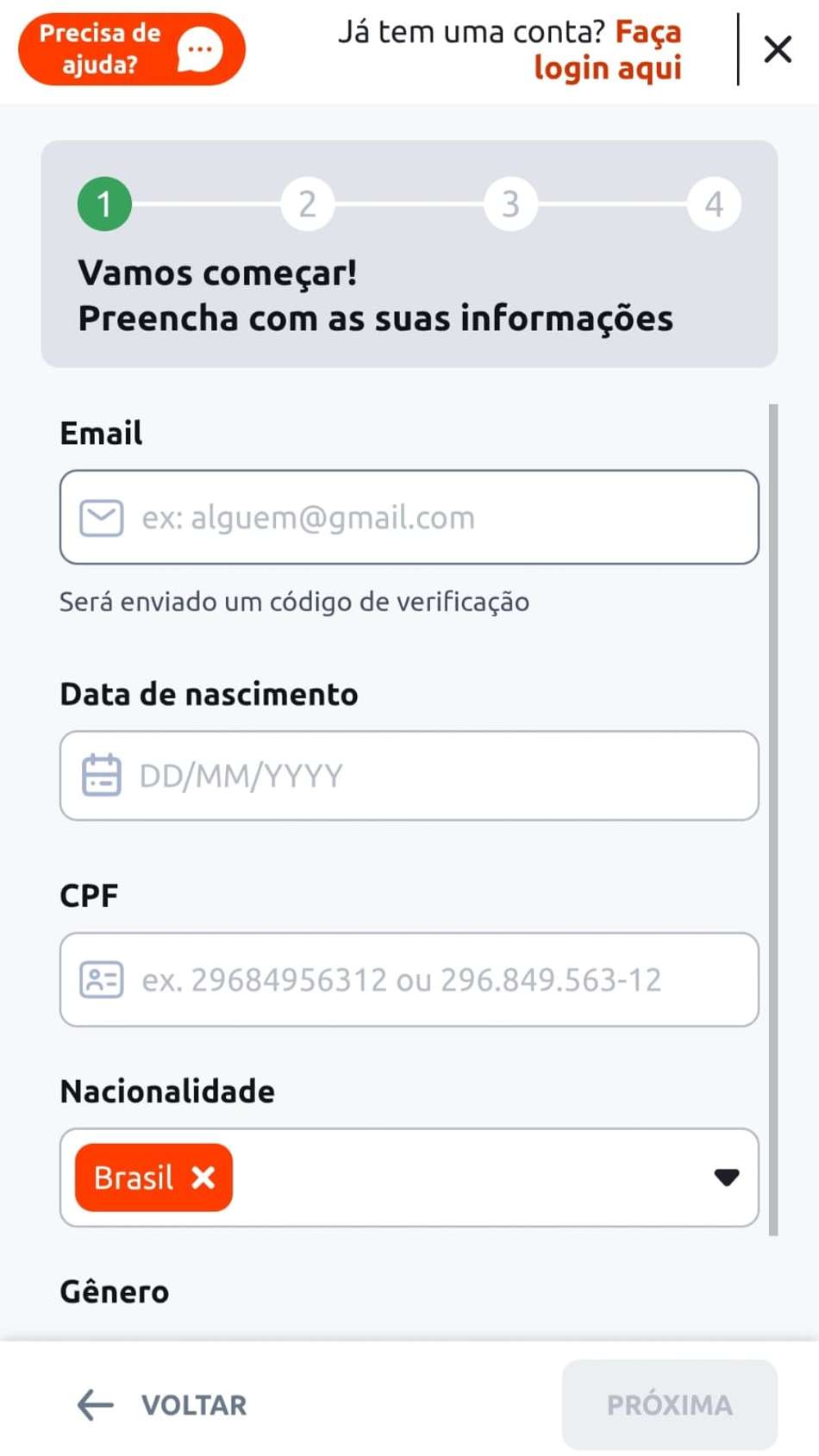 Captura de tela do formulário de cadastro na Betano apostas
