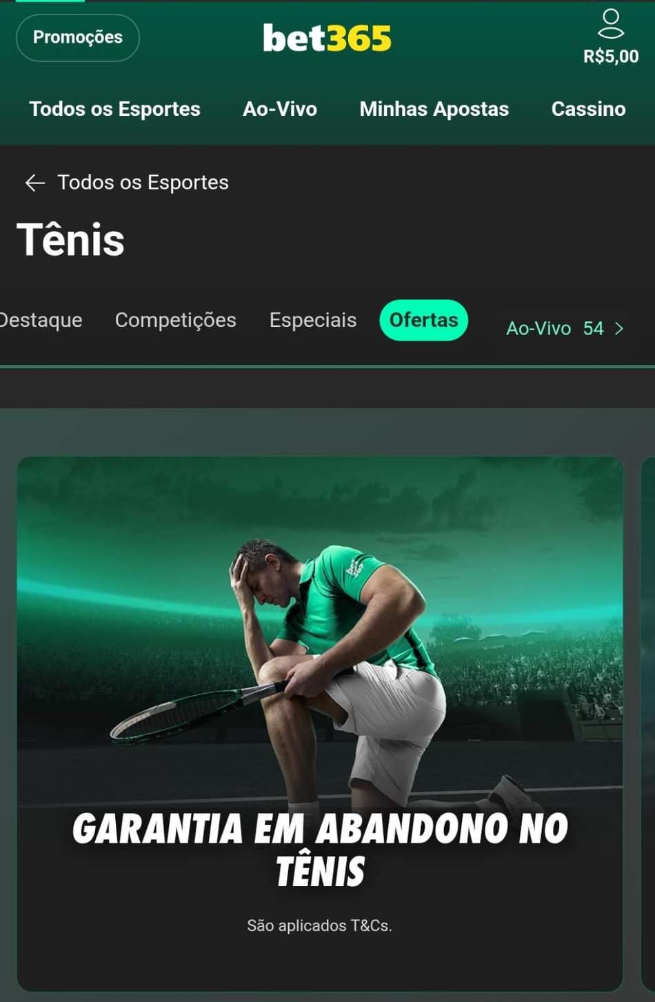 Captura de tela da função Garantia em Abandono nas apostas de tênis na bet365