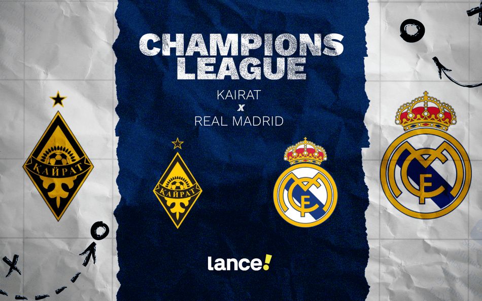 Kairat x Real Madrid: segunda rodada da fase de liga da Champions League (Foto: Arte/Lance!)