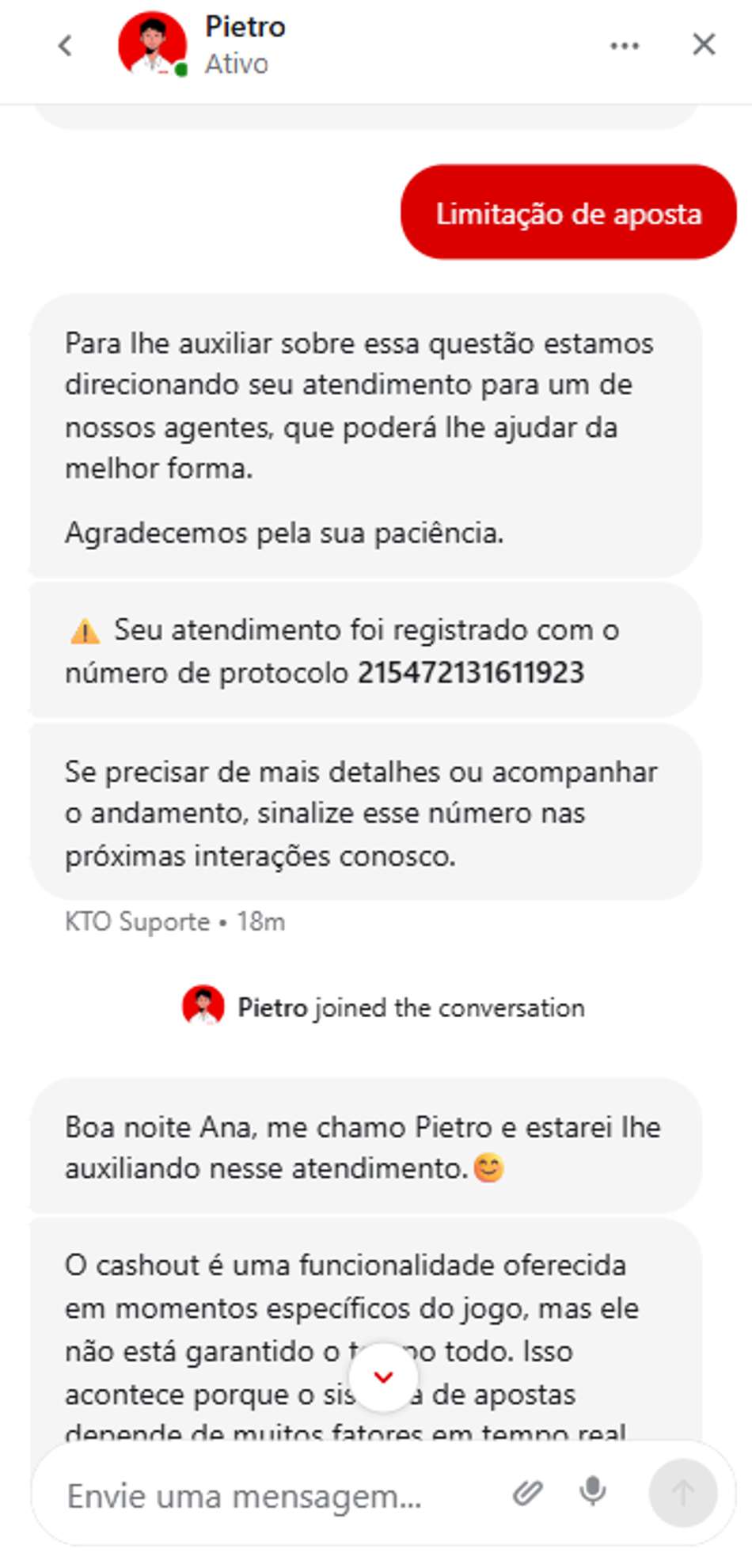 Mensagens no chat ao vivo da KTO com o atendente Pietro.