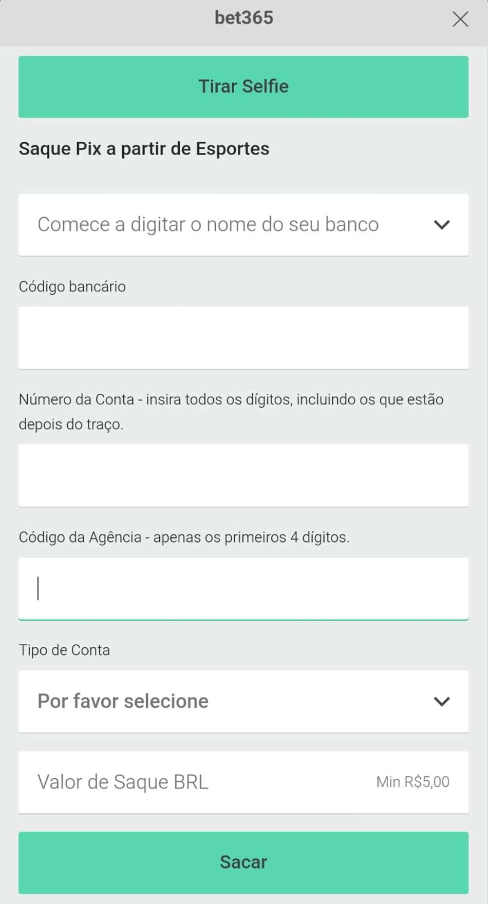 Captura de tela da página de saque na bet365 com o formulário de preenchimento.