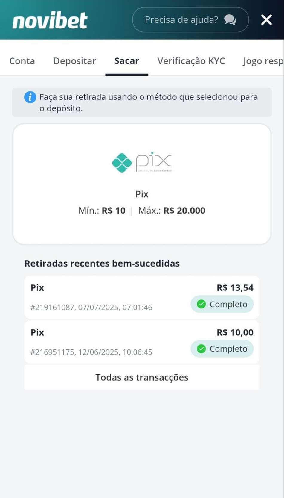 Página de saques na Novibet com retiradas concluídas