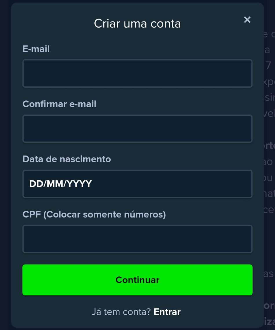 Captura de tela do formulário de cadastro na Stake para abrir uma conta.