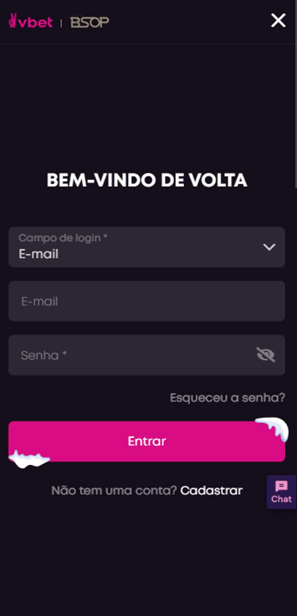 Tela de login da VBet com opção de recuperação de senha