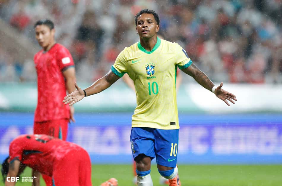 Rodrygo marcou dois gols na vitória brasileira sobre a Coreia do Sul, em outubro de 2025 (Foto: Rafael Ribeiro/ CBF)