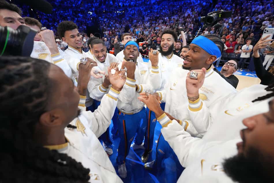 OKLAHOMA CITY, OK - OCTOBER 21: The Oklahoma City Thunder receive their 2024-2025 NBA championship ring before the game against the Houston Rockets on October 21, 2025 at Paycom Center in Oklahoma City, Oklahoma. NOTE TO USER: User expressly acknowledges and agrees that, by downloading and or using this photograph, User is consenting to the terms and conditions of the Getty Images License Agreement. Mandatory Copyright Notice: Copyright 2025 NBAE Jesse D. Garrabrant /NBAE via Getty Images/AFP (Photo by Jesse D. Garrabrant / NBAE / Getty Images / Getty Images via AFP)