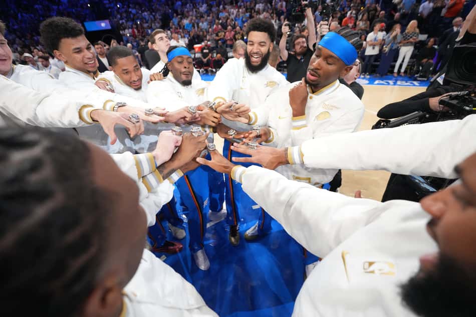 OKLAHOMA CITY, OK - OCTOBER 21: The Oklahoma City Thunder receive their 2024-2025 NBA championship ring before the game against the Houston Rockets on October 21, 2025 at Paycom Center in Oklahoma City, Oklahoma. NOTE TO USER: User expressly acknowledges and agrees that, by downloading and or using this photograph, User is consenting to the terms and conditions of the Getty Images License Agreement. Mandatory Copyright Notice: Copyright 2025 NBAE Jesse D. Garrabrant /NBAE via Getty Images/AFP (Photo by Jesse D. Garrabrant / NBAE / Getty Images / Getty Images via AFP)