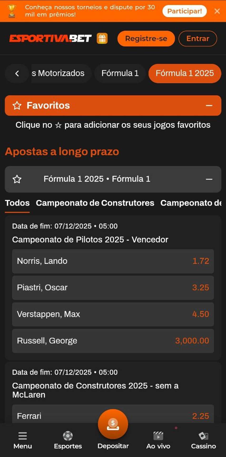 Mercado de Vencedor no Campeonato de Pilotos da Fórmula 1 na Esportiva.bet
