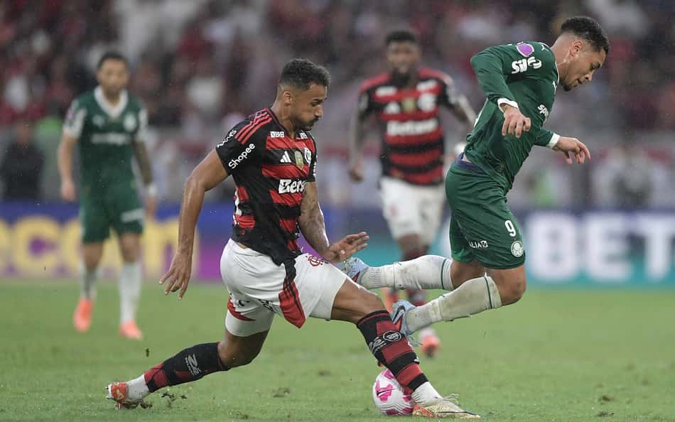 Danilo e Vitor Roque disputam bola durante jogo entre Flamengo e Palmeiras pelo Brasileirão (Foto: Thiago Ribeiro/AGIF)