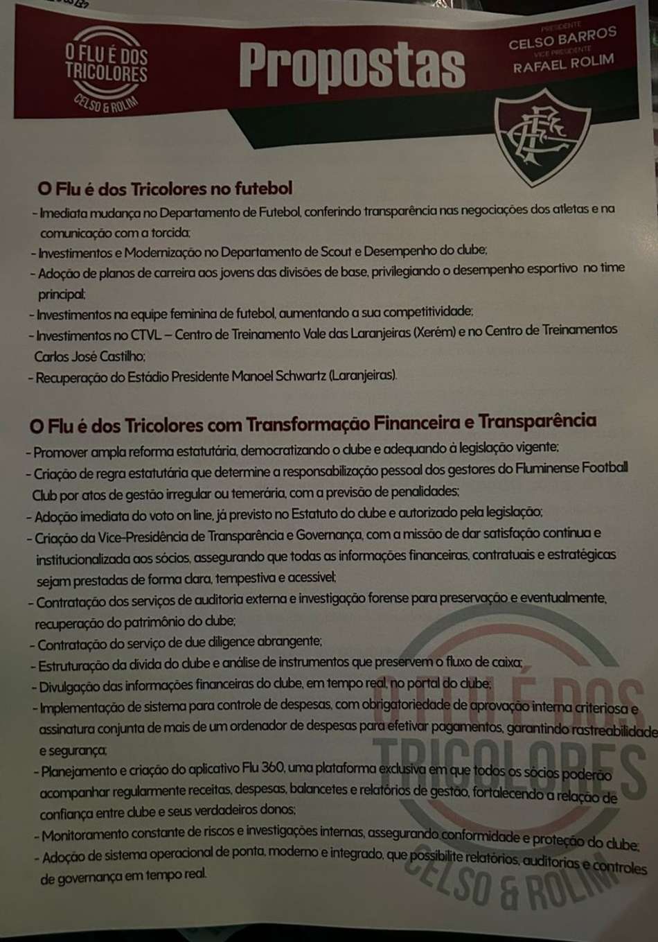 Carta de propostas da chapa de Celso Barros e Felipe Rolim, candidatos na eleição do Fluminense (Foto: Reprodução)