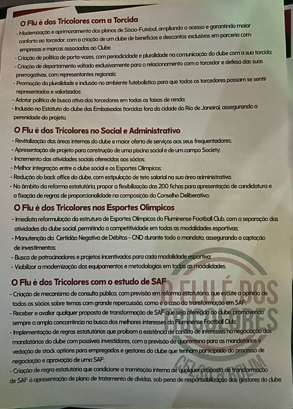 Carta de propostas da chapa de Celso Barros e Felipe Rolim, candidatos na eleição do Fluminense (Foto: Reprodução)