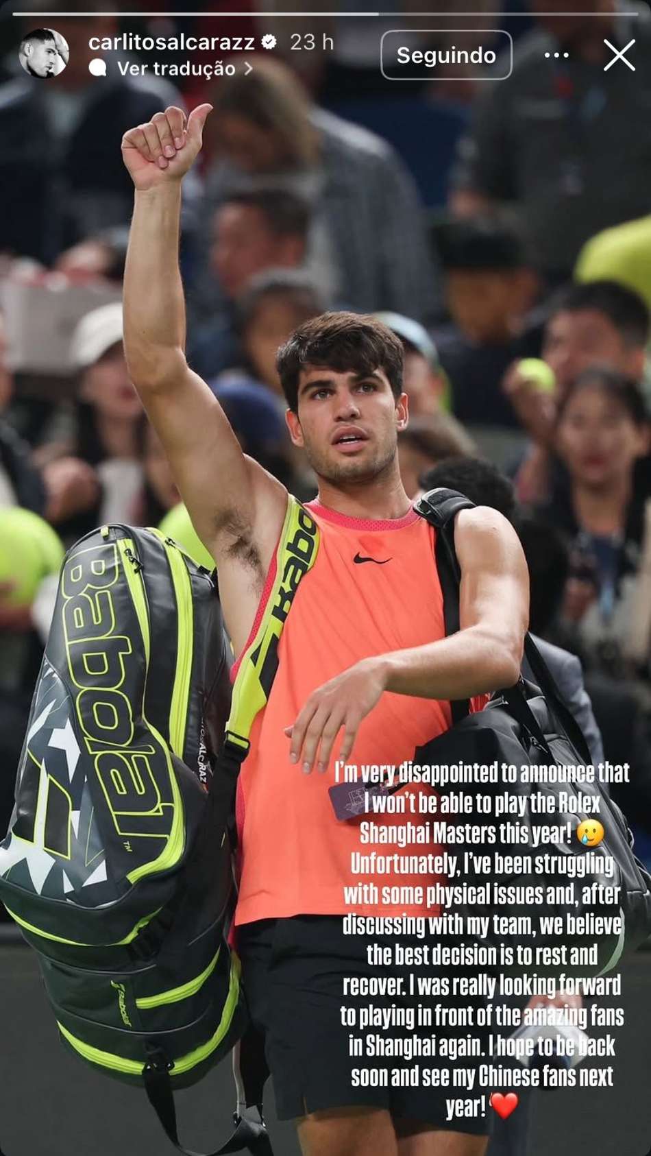 Publicação de Alcaraz sobre a desistência do Masters de Xangai (Foto: Reprodução/Instagram)