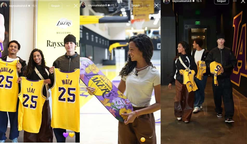 Rayssa Lean, Filipe Mota e Gabryel Aguilar na sede dos Lakers (Foto: Reprodução/Instagram)