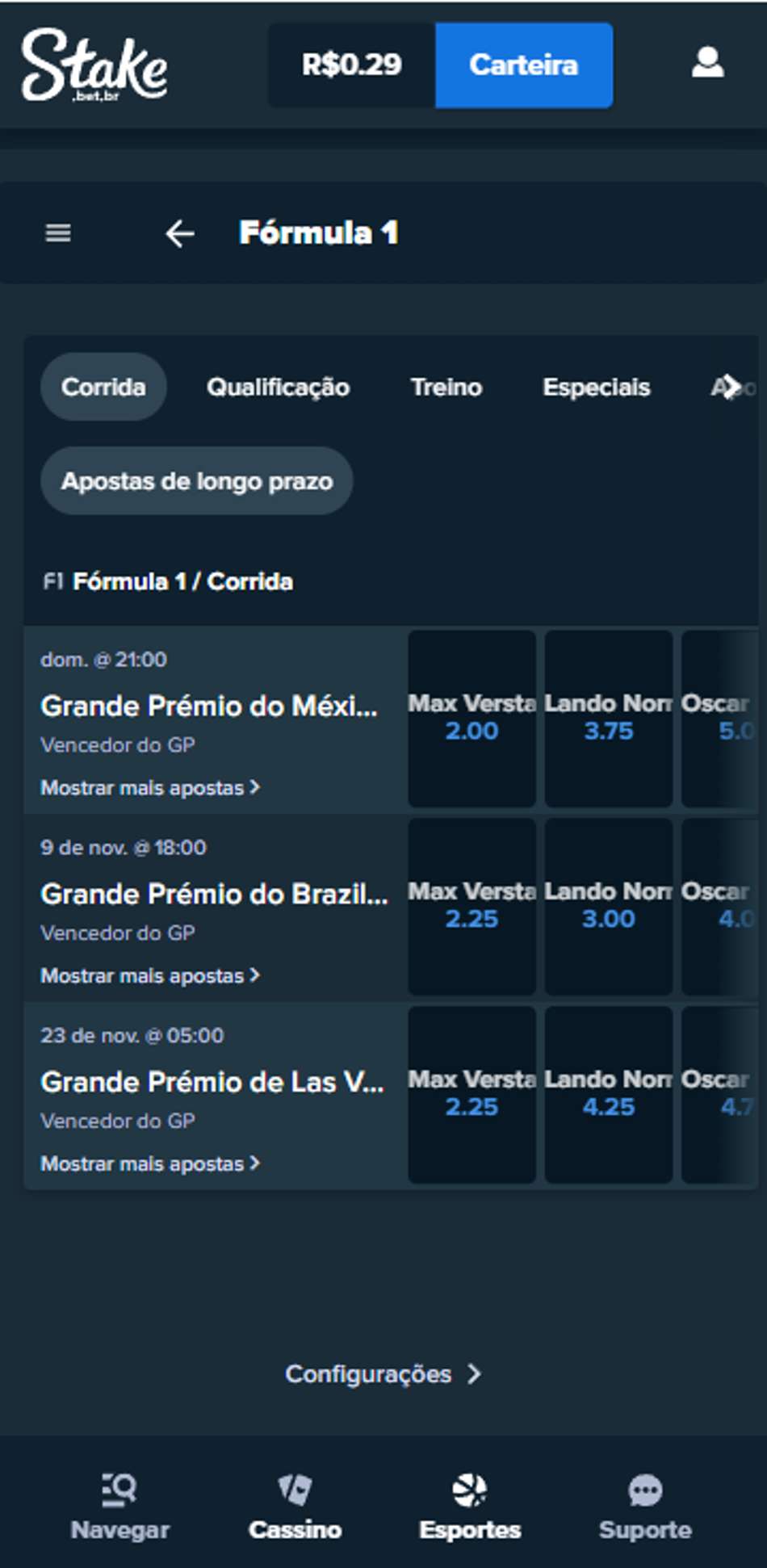 Mercados de Fórmula 1 na Stake disponível para o GP do México, Brasil e Las Vegas