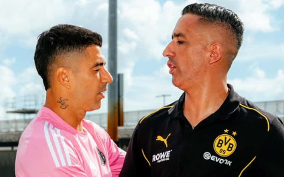 Luis Suárez e Lucas Barrios se encontraram no CT do Inter Miami. (Foto: Divulgação/BVB)